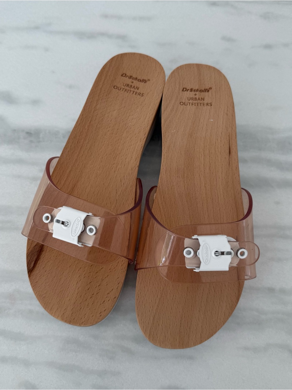 Dr. Scholl's x Urban Outfitters Tan Clear Strap Slide Sandals with White Buckle